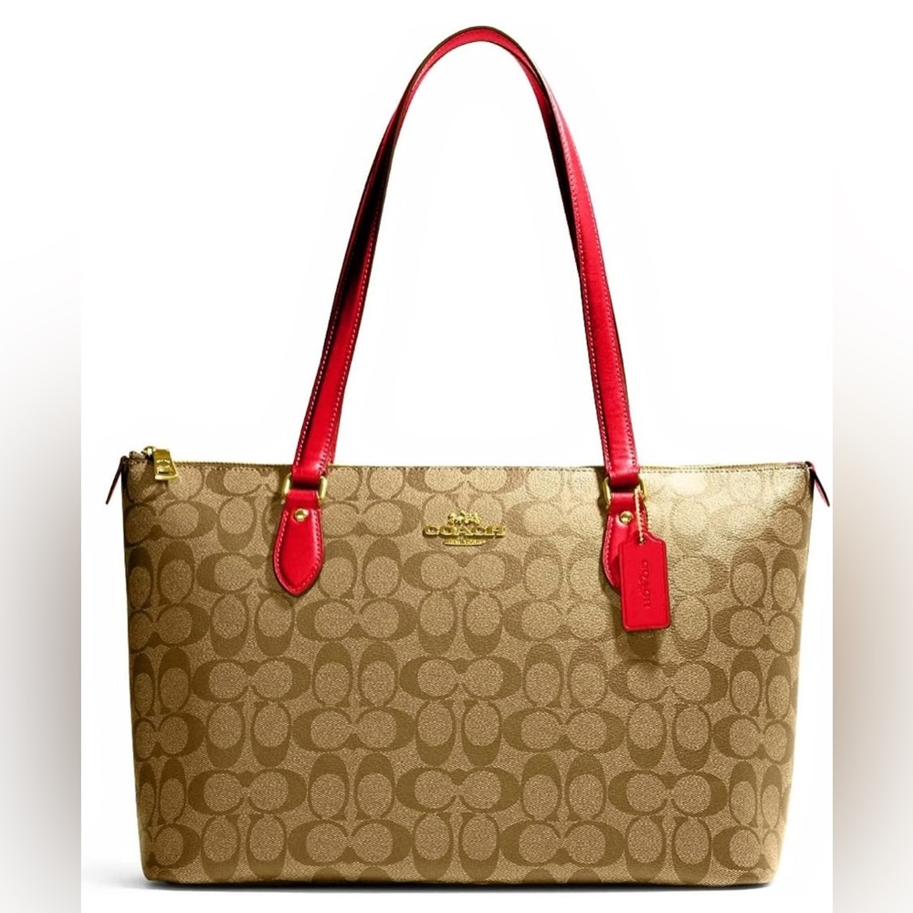 Coach Womens Signature Canvas Gallery Tote Bag Khaki-Electric Red New